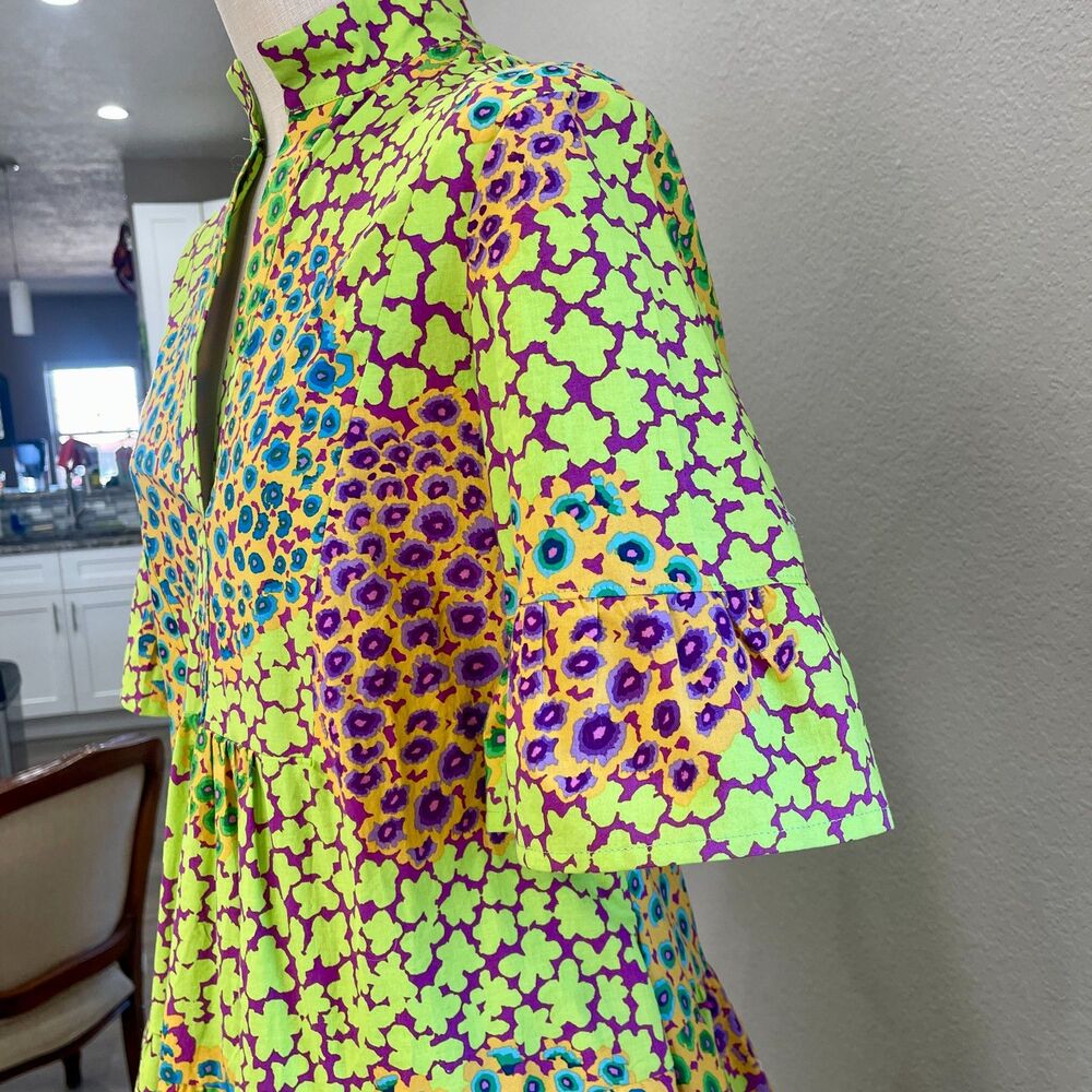 Handmade Boho Lime Green tiered dress with ruffle and ruffled sleeves, Size 10 - Picture 4 of 7